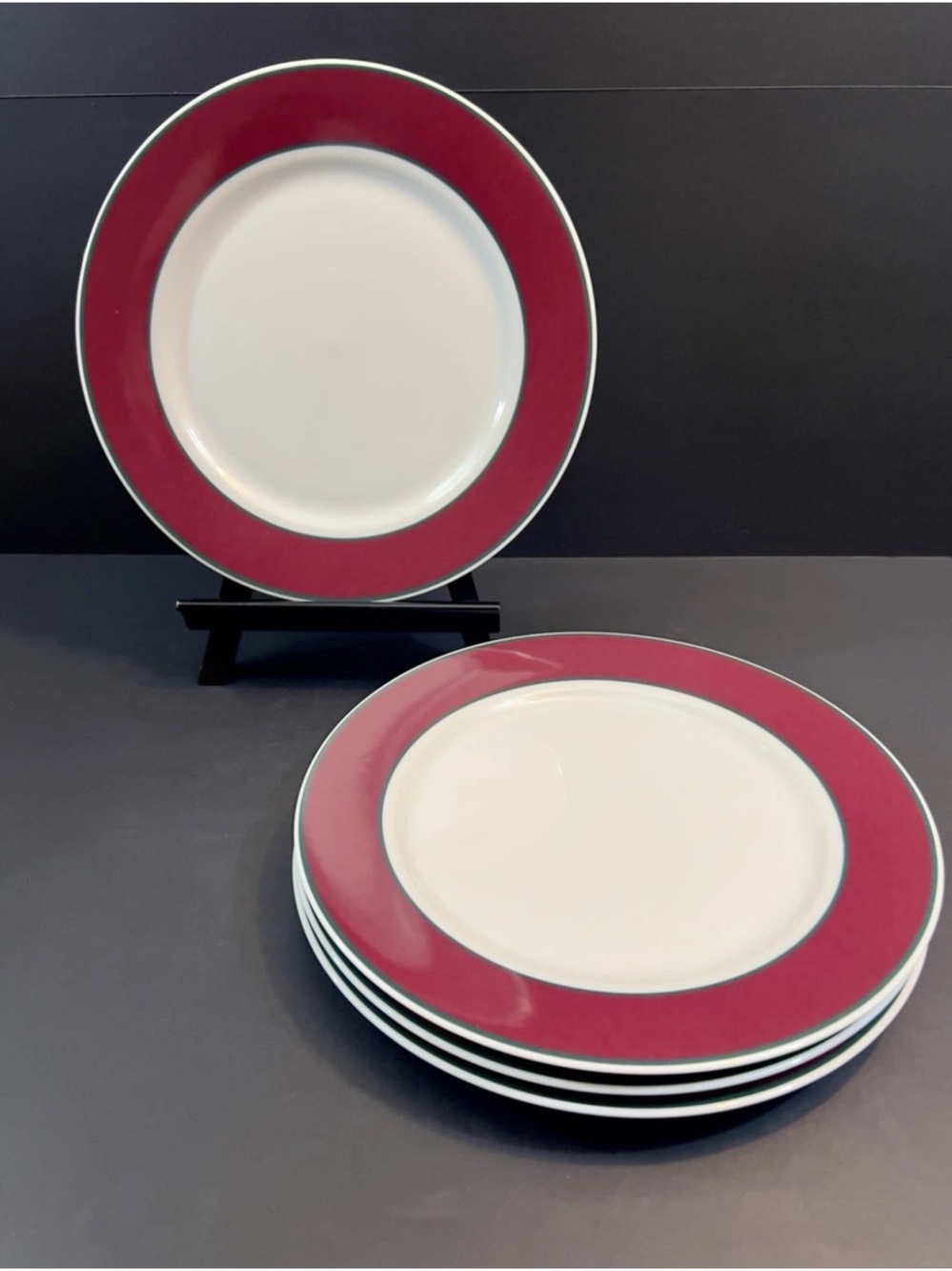 Noble Excellence Stratus 10" Dinner Plate Burgundy Berry Trim Green Pinstripes